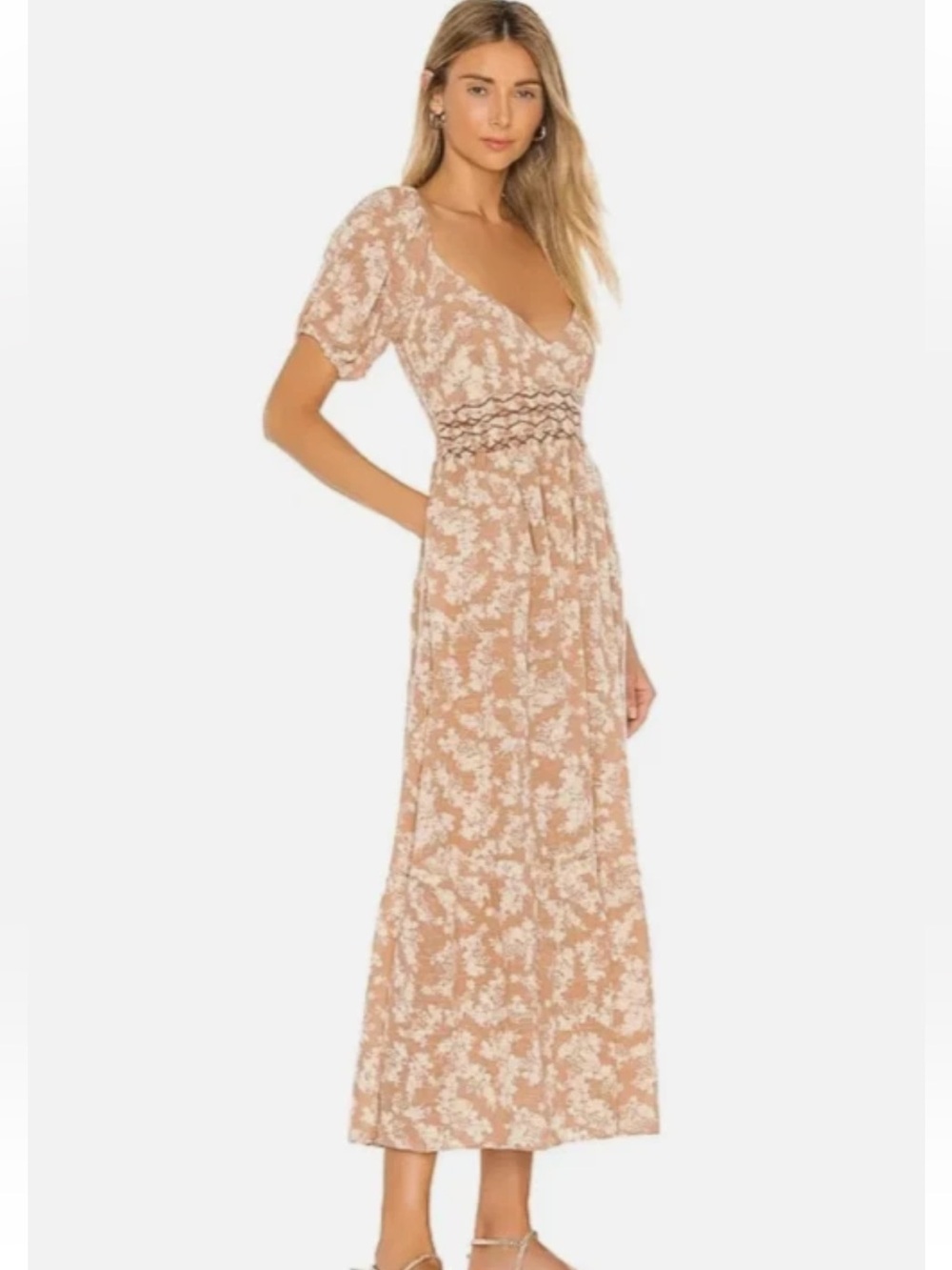 Free People Sz XS Ellie Printed Smocked Peasant Boho Floral Maxi Dress Brown